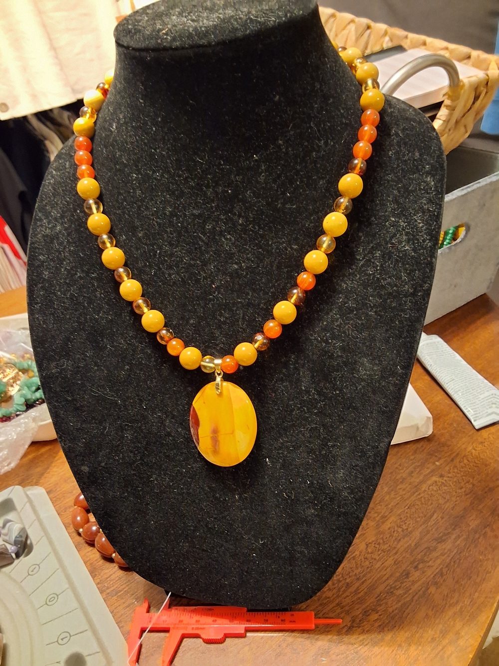 Handmade Amber And Carnelian Beaded Necklace With Mookiate Pendant